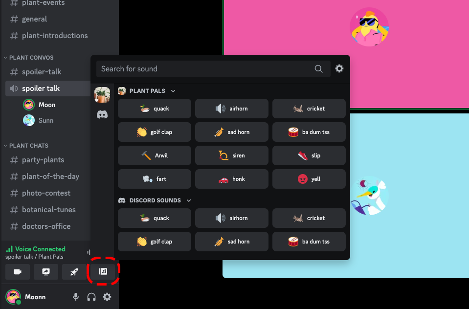 A screenshot of Discord’s desktop app. The user is in a Voice call, and the new Soundboard button is highlighted. 