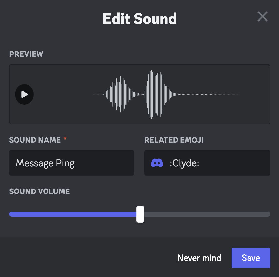 A screenshot of the Sound Edit functions in Server Settings > Soundboard.