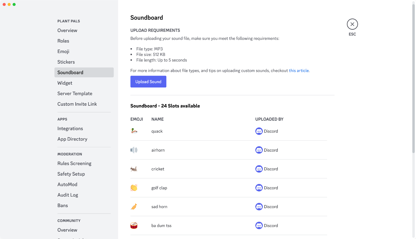 A screenshot of the new “Soundboard” menu in Server Settings.‍