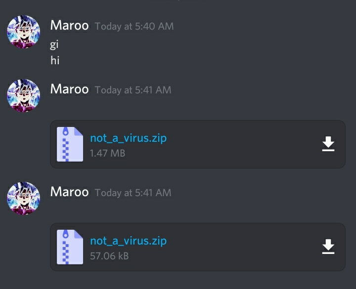 A suspicious Discord user sending a message that says "gi, hi" then sending two files called "Not a Virus dot Zip."
