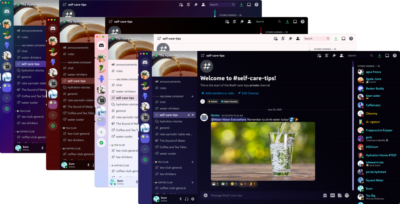 A collage of four theme colors on the Discord desktop app.