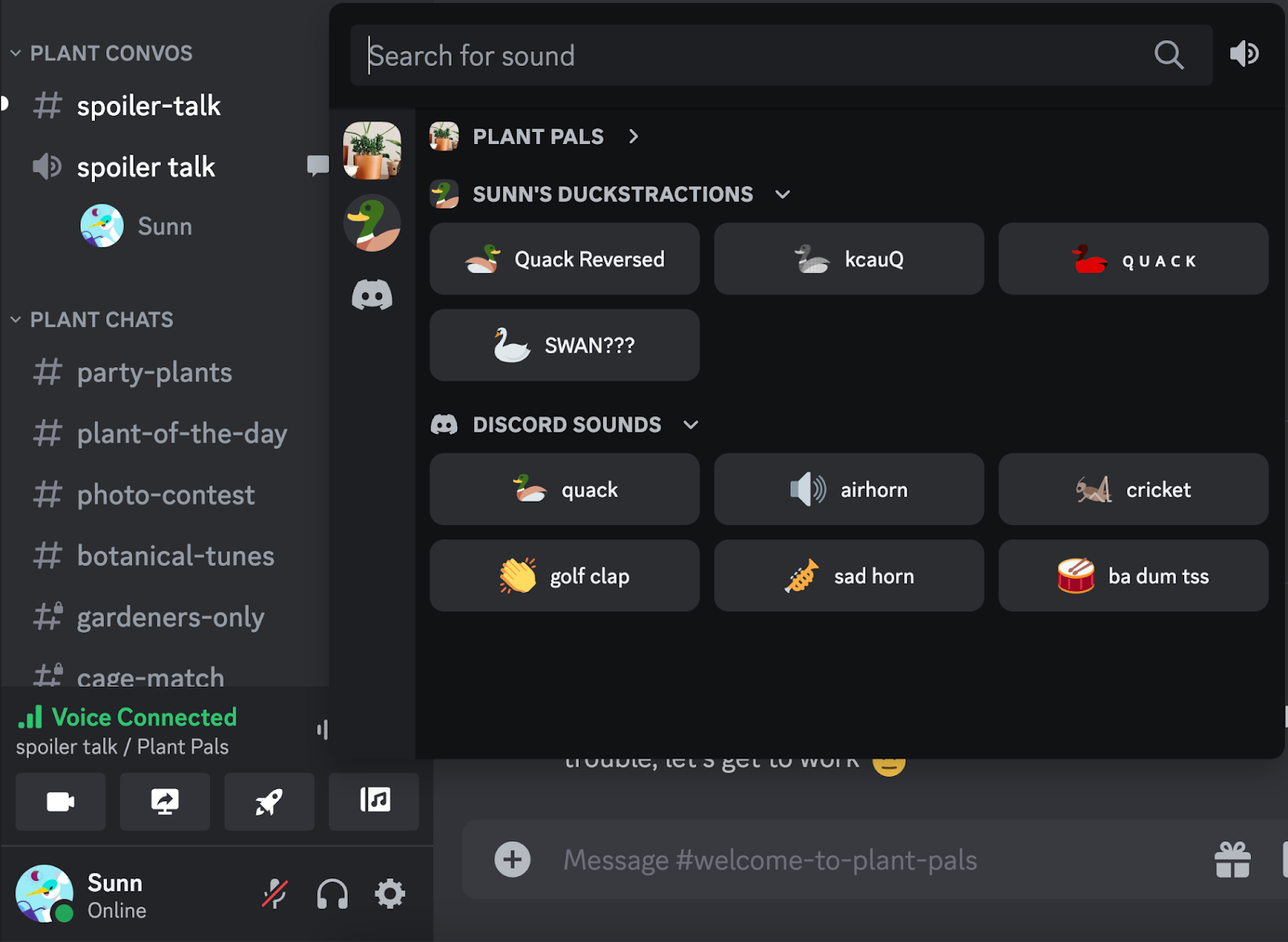 A screenshot of Discord’s desktop app. The user is in a Voice call, and the Soundboard panel is opened up.