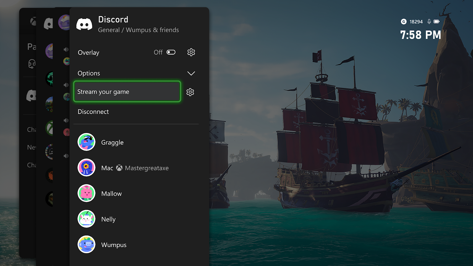 A screenshot of an Xbox in the middle of a Discord Voice call. The player using the Xbox is playing Sea of Thieves in the background, and they have the new “Stream your game” option highlighted, implying they’re about to Stream to Discord from their Xbox.
