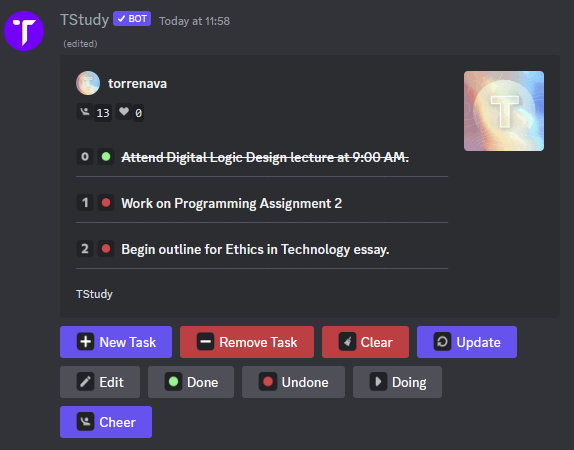 A screenshot demonstrating the TStudy app for Discord. A to-do list is shown, with one task marked off. In-app buttons for managing a to-do list are selectable. 