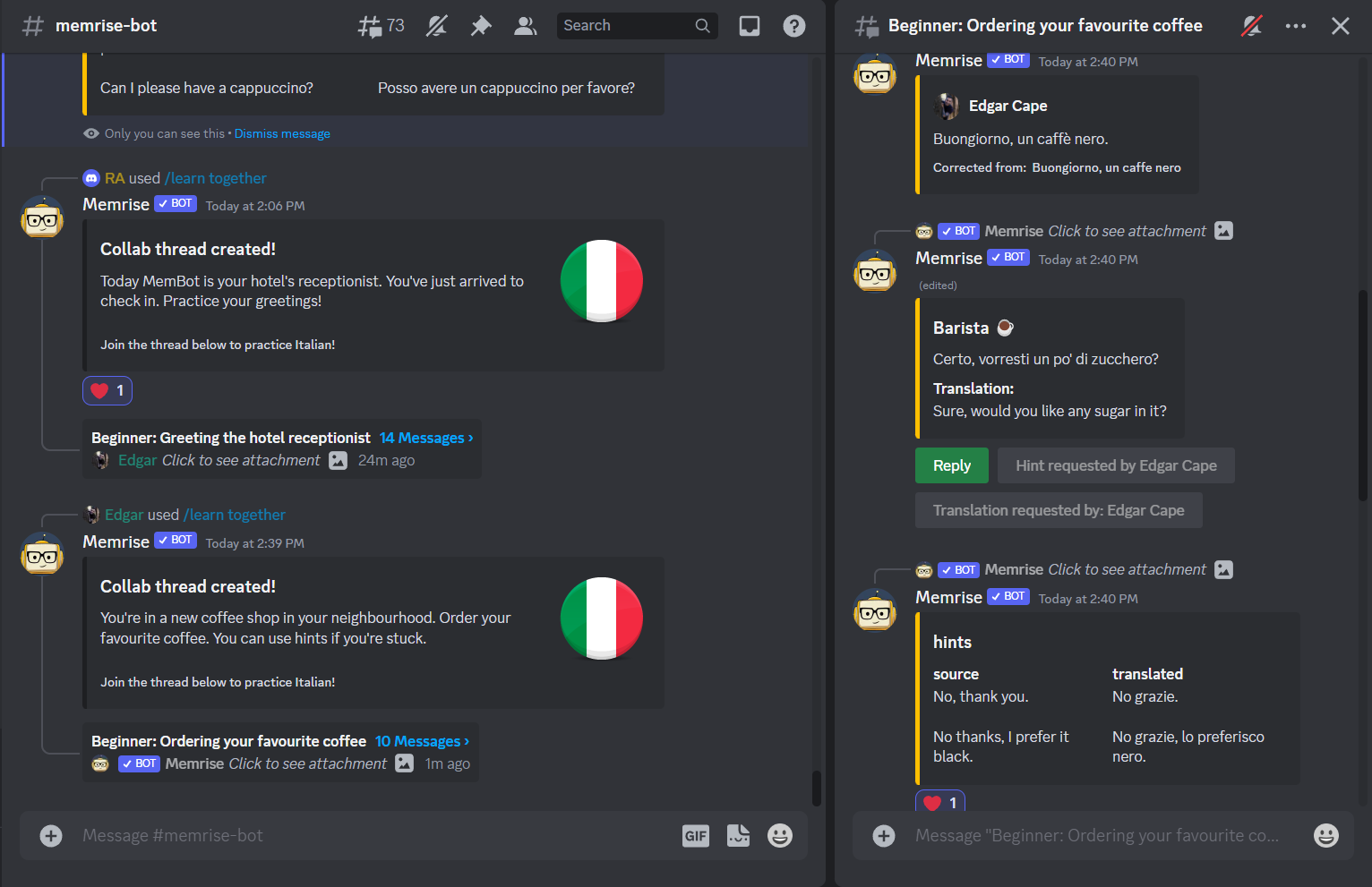 An in-server conversation using Memrise. The Memrise app is creating Threads inside a dedicated #memrise-bot chat channel. Each channel has a different role-playing scenario that lets members practice their new multilingual abilities.