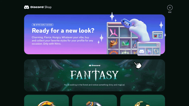 A demonstration of the shop in action. A user is scrolling through the “Fantasy” section of the shop, and getting a closer inspection of the “Magical Potion” avatar decoration.
