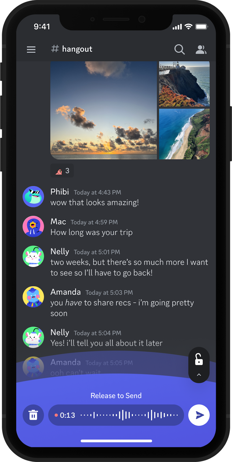 Still image of a Discord user recording and sending a Voice Message on a mobile phone.