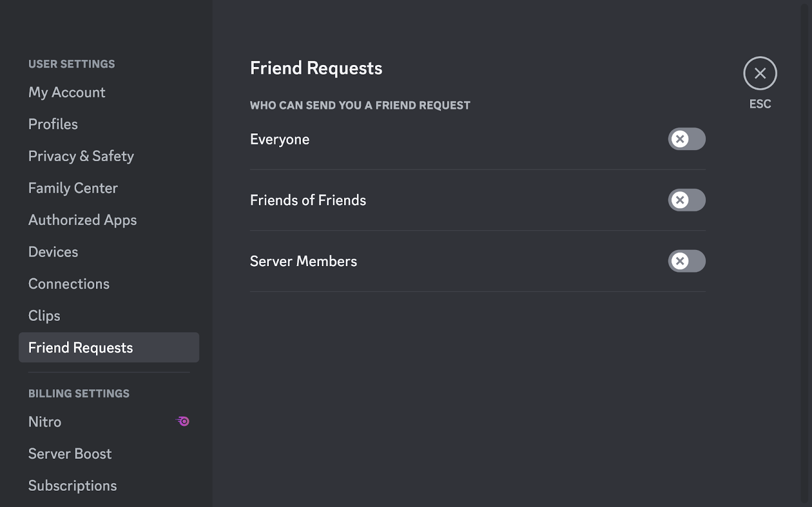 The Friend Requests menu in User Settings. Toggles for allowing “Everyone,” “Friends of Friends,” or “Server Members” to send the user a friend request are shown. 
