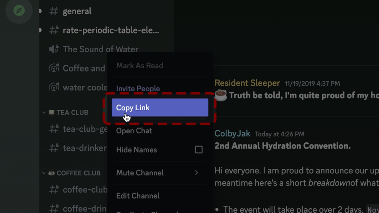 The “Copy Link” button for a Voice channel highlighted. 