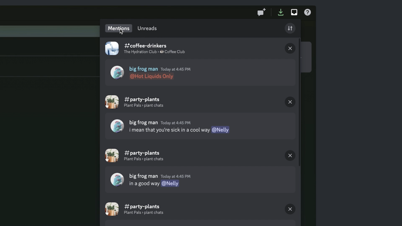 The Inbox in Discord. The “Mentions” tab is shown, showing the user the last time someone mentioned them in a channel.