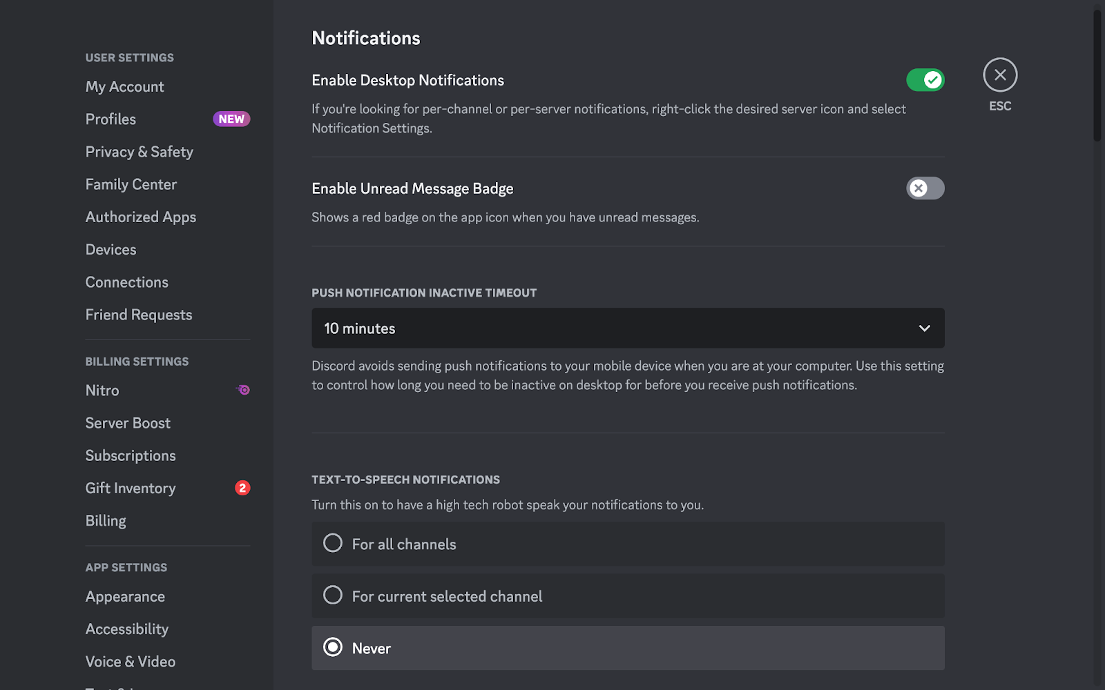 The “Notifications” page inside User Settings. A handful of customization options are displayed.