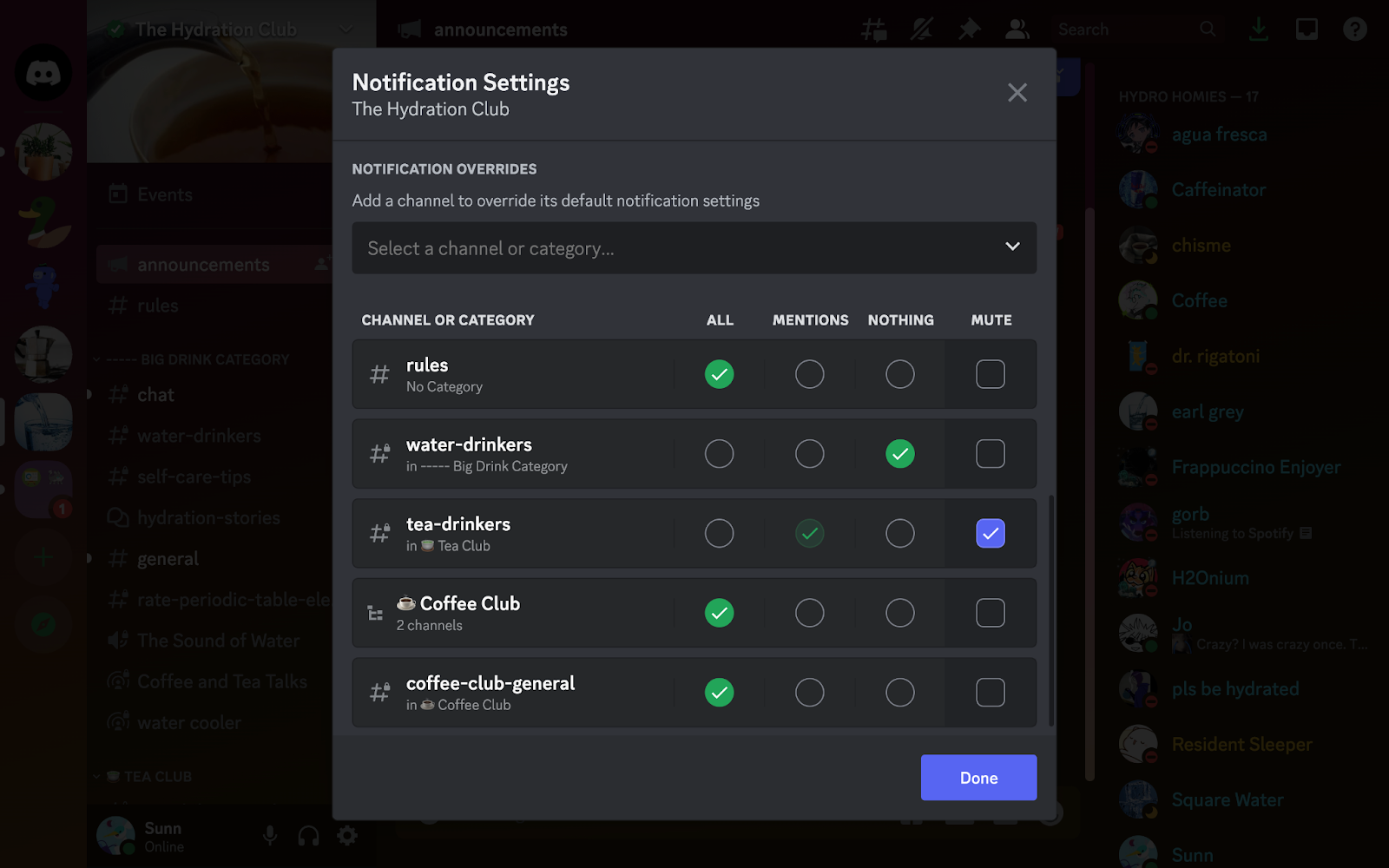 The Notification Settings of a server. The user has a handful of Overrides enabled, letting them pick and choose what they want notifications from. 