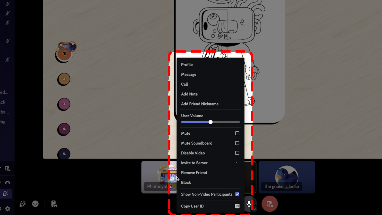 The per-user settings in a Voice Channel. The buttons shown include things like adjusting a particular user’s volume, muting them or their soundboard, or disabling their Video.