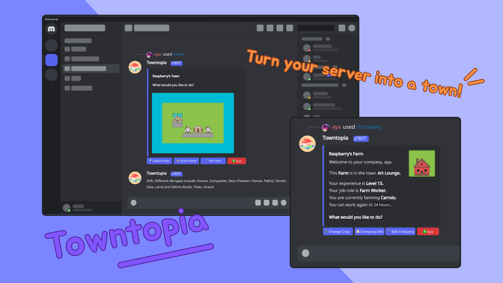 A promotional image for Towntopia. It shows a user starting out their town in Towntopia, and another user working on their digital home.