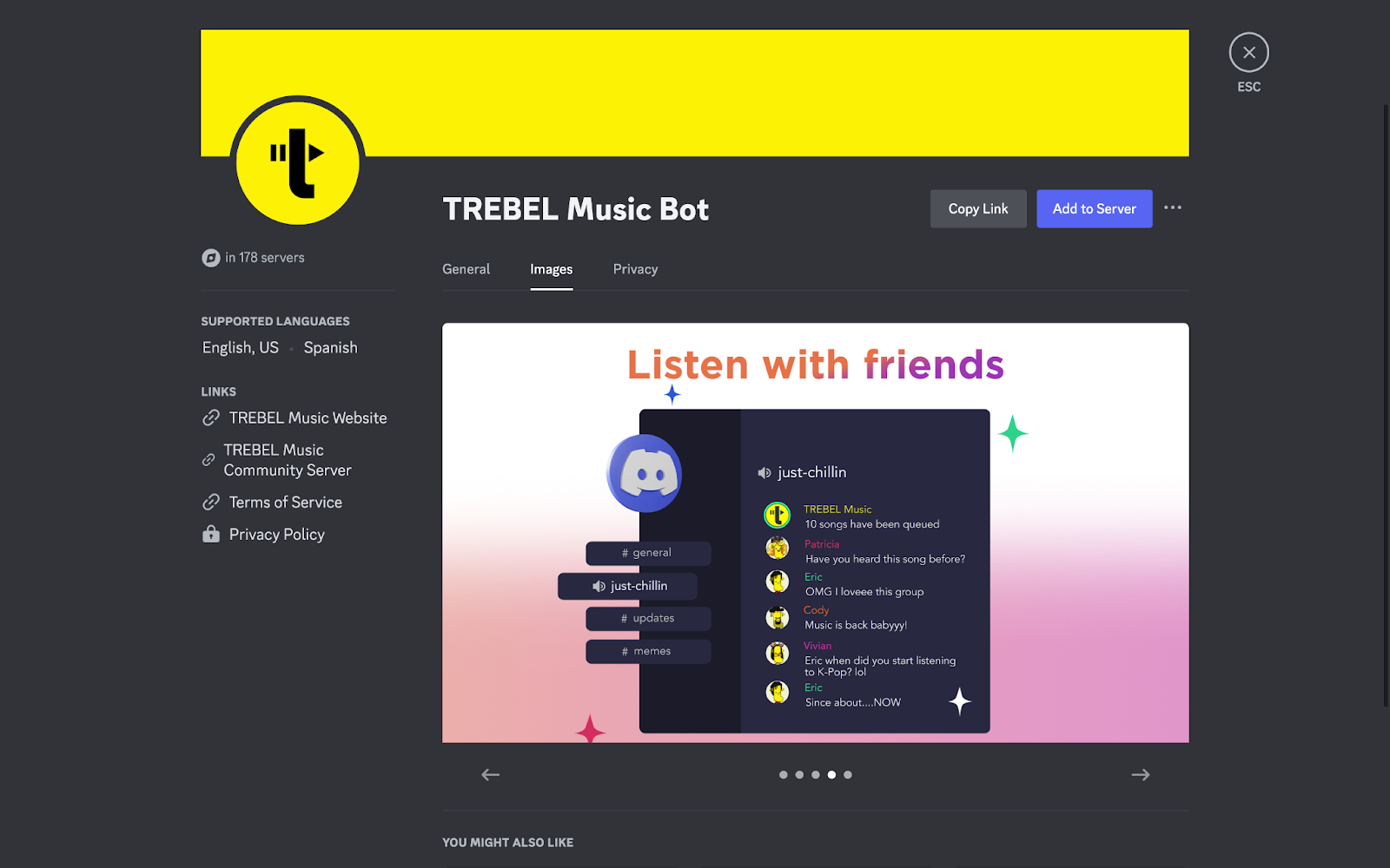 A screenshot of TREBEL Music Bot’s App Directory listing.