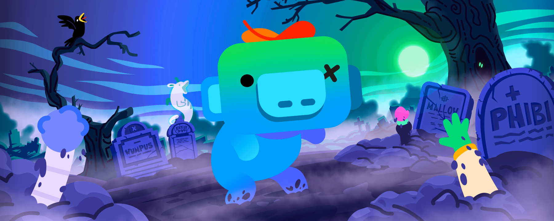 A zombified Wumpus roams through a graveyard. From the tombstones, Phibi, Mallow, and the ghost of Bread Dog rise from the grave. 