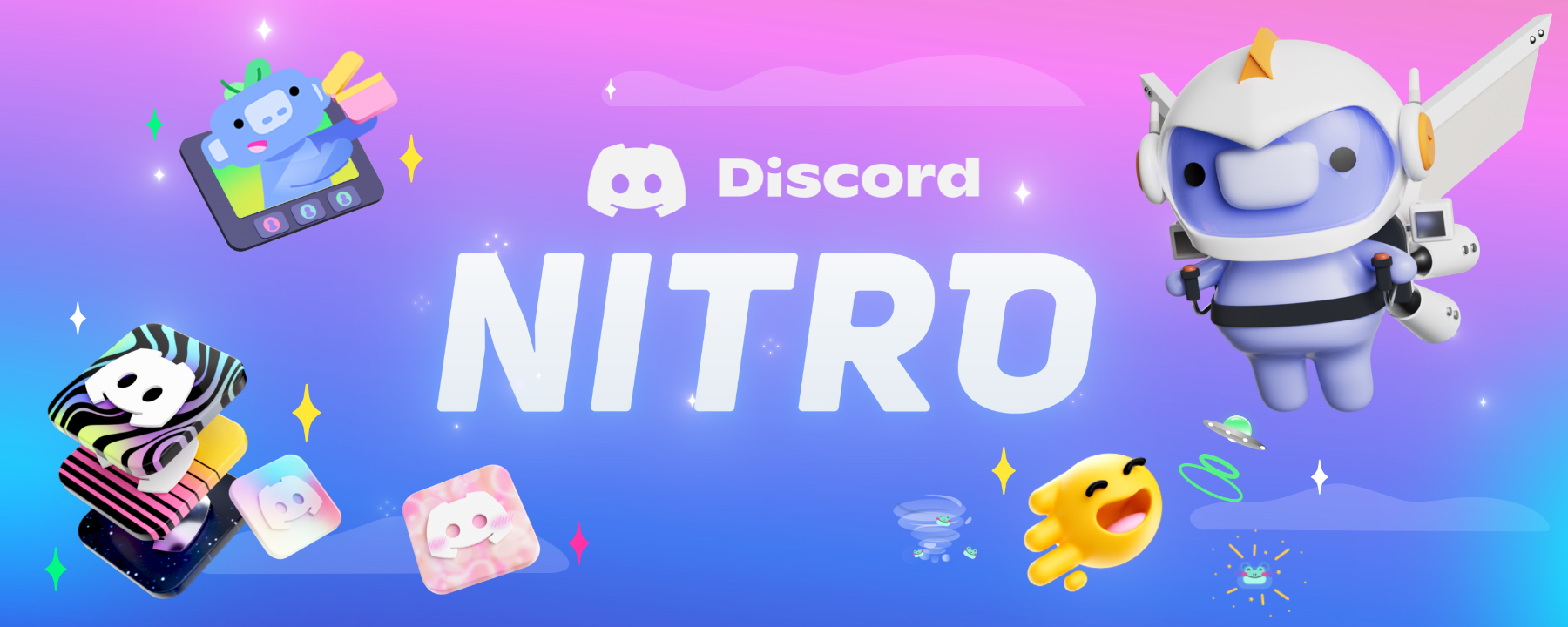 “Discord Nitro” logo plus Nitro Wumpus and other Nitro features like Super Reactions, Clips, and custom app icons.