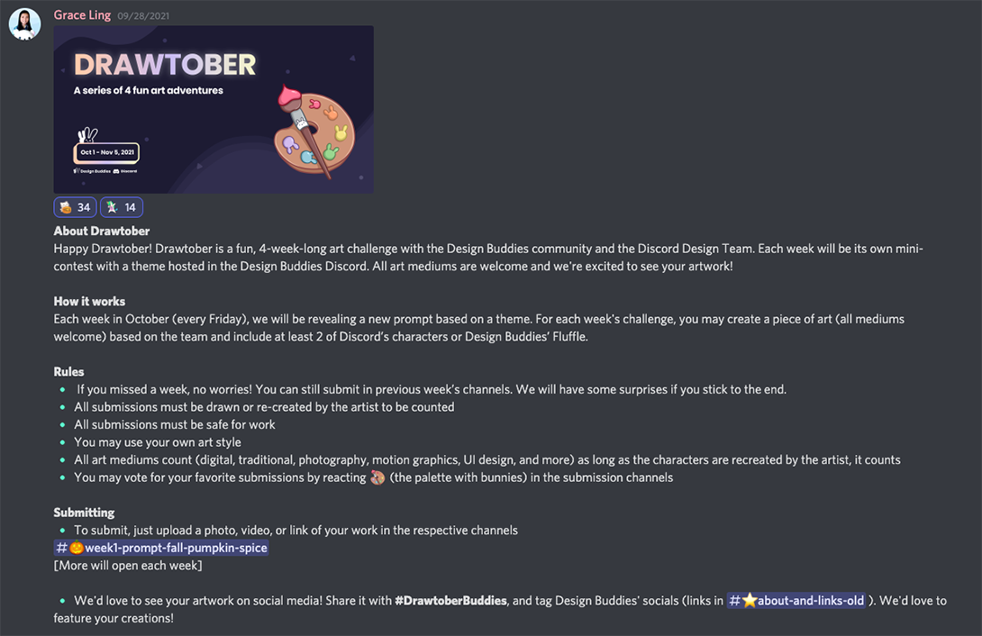 A server announcement from the Design Buddies Discord community. The post describes the event, how it works, the rules, and how to submit entries.