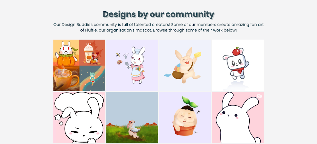 A selection of images depicting Fluffle, the Design Buddies Community's rabbit mascot, drawn by their community members. 