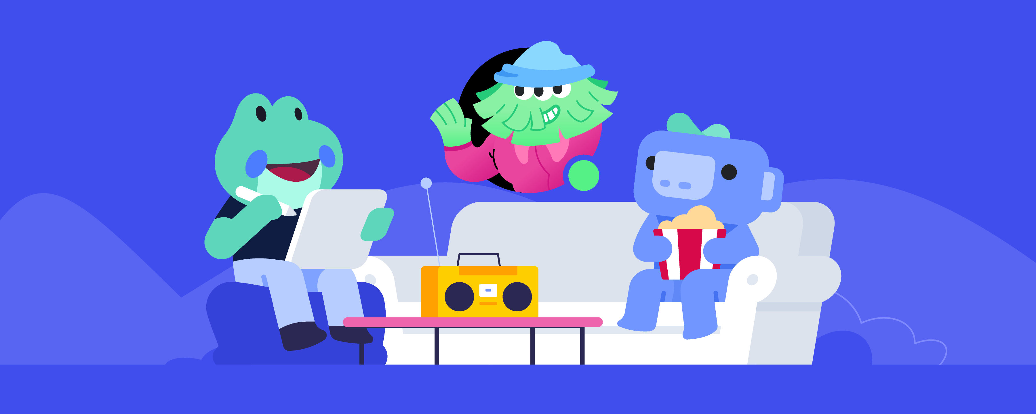 Three friends gathered around a couch, spending time together. One is floating inside a Discord profile icon, representing someone who’s connected digitally. 