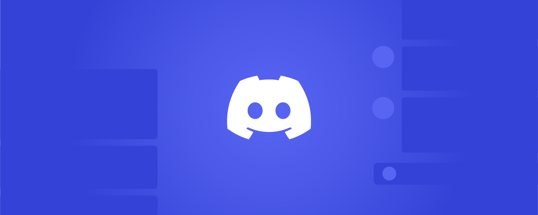 The Discord logo on a solid background. Simplified silhouettes of the app are on the sides of the logo.