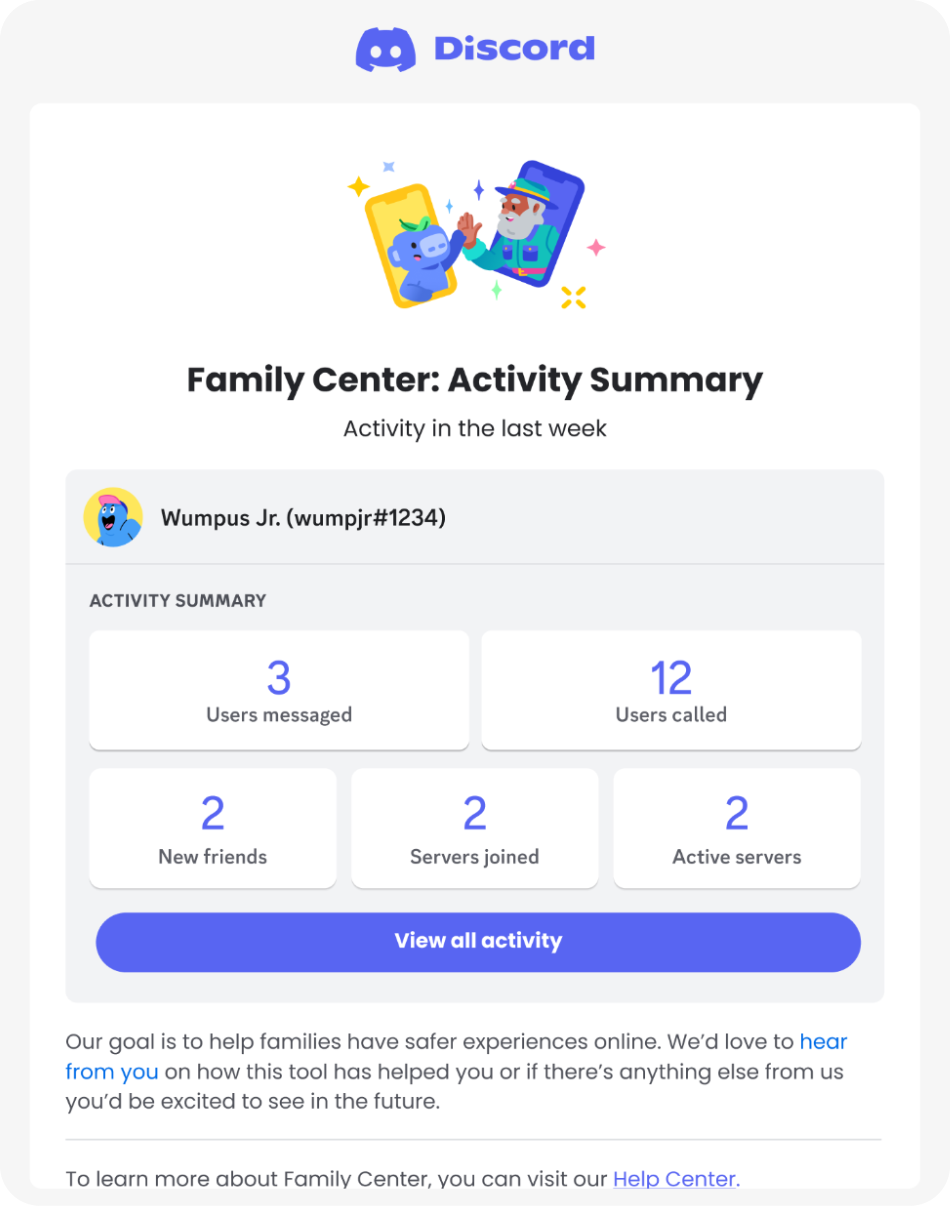 A preview of the weekly recap email from the Family Center. It shows a teen’s count of Users Messaged, Users Called, New Friends, Servers Joined, and Active Servers within the last week.