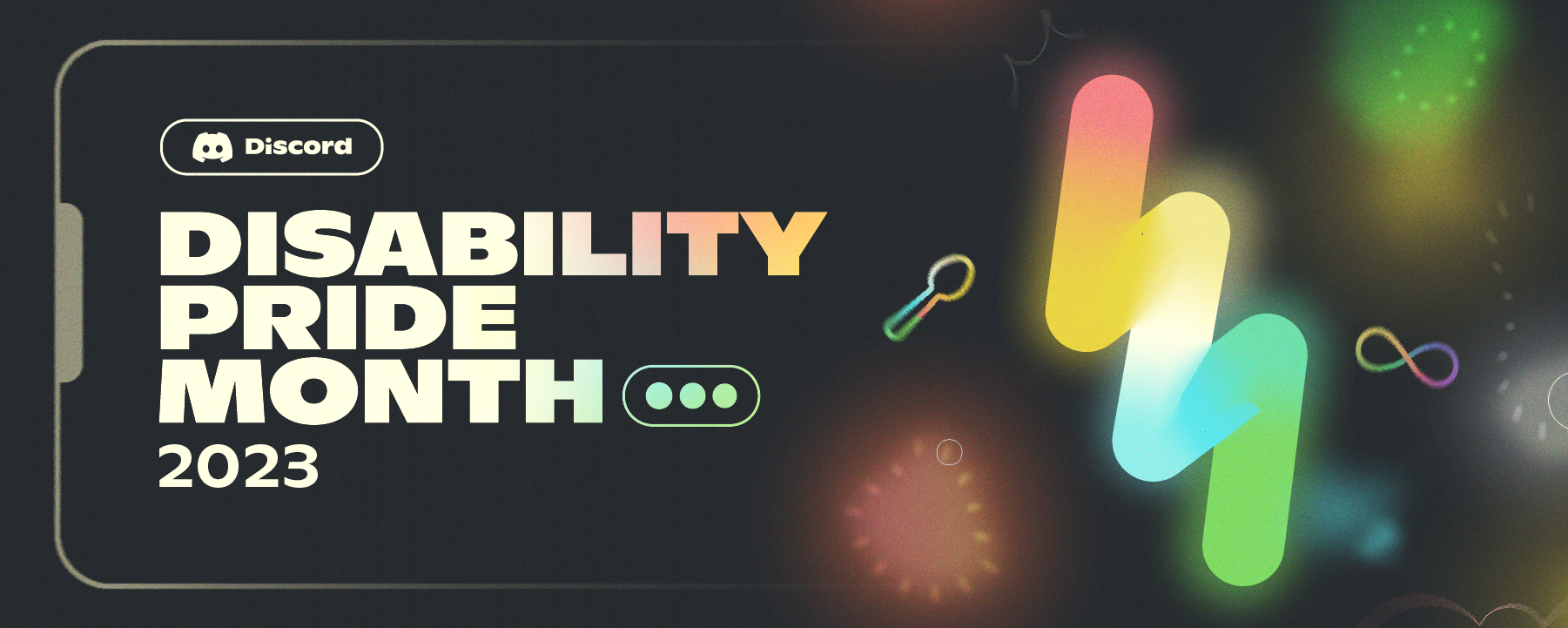 Hero imagery for Disability Pride Month. Depictions include lighting bolts and a rainbow spoon. The artwork says "Disability Pride Month 2023."