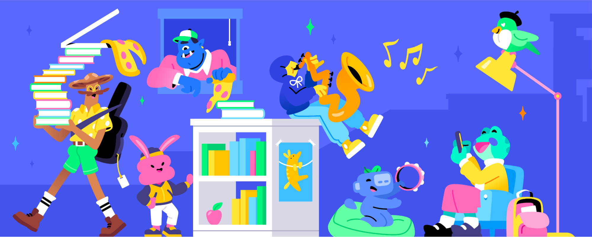 Various Discord characters doing school-themed activities, including playing the saxophone, carrying a stack of books and pizza, and on their phone.