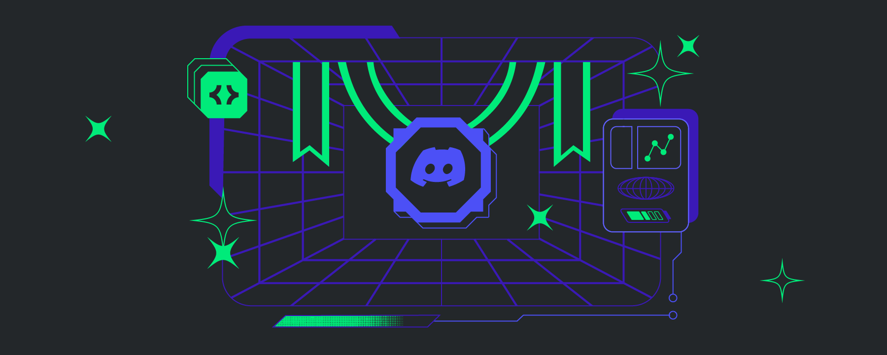 The Discord logo is surrounded by imagery relating to development on Discord: brackets, grids, and line graphs surround the center. 