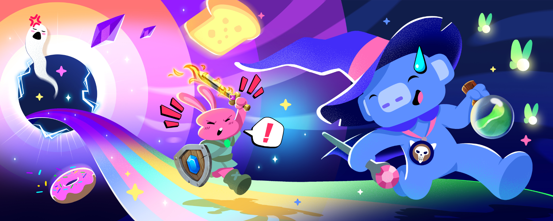 Wumpus running away from Mallow over a rainbow bridge. Wumpus looks like they’ve gotten into a bit of trouble, and Mallow is trying to catch Wumpus. Imagery of ghosts, toast, donuts, potions, and fairies surround the two.