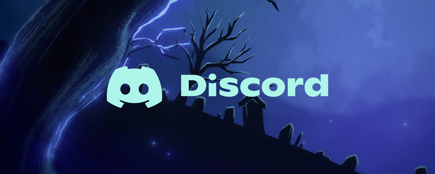 The Discord logo in front of a nighttime graveyard background. 