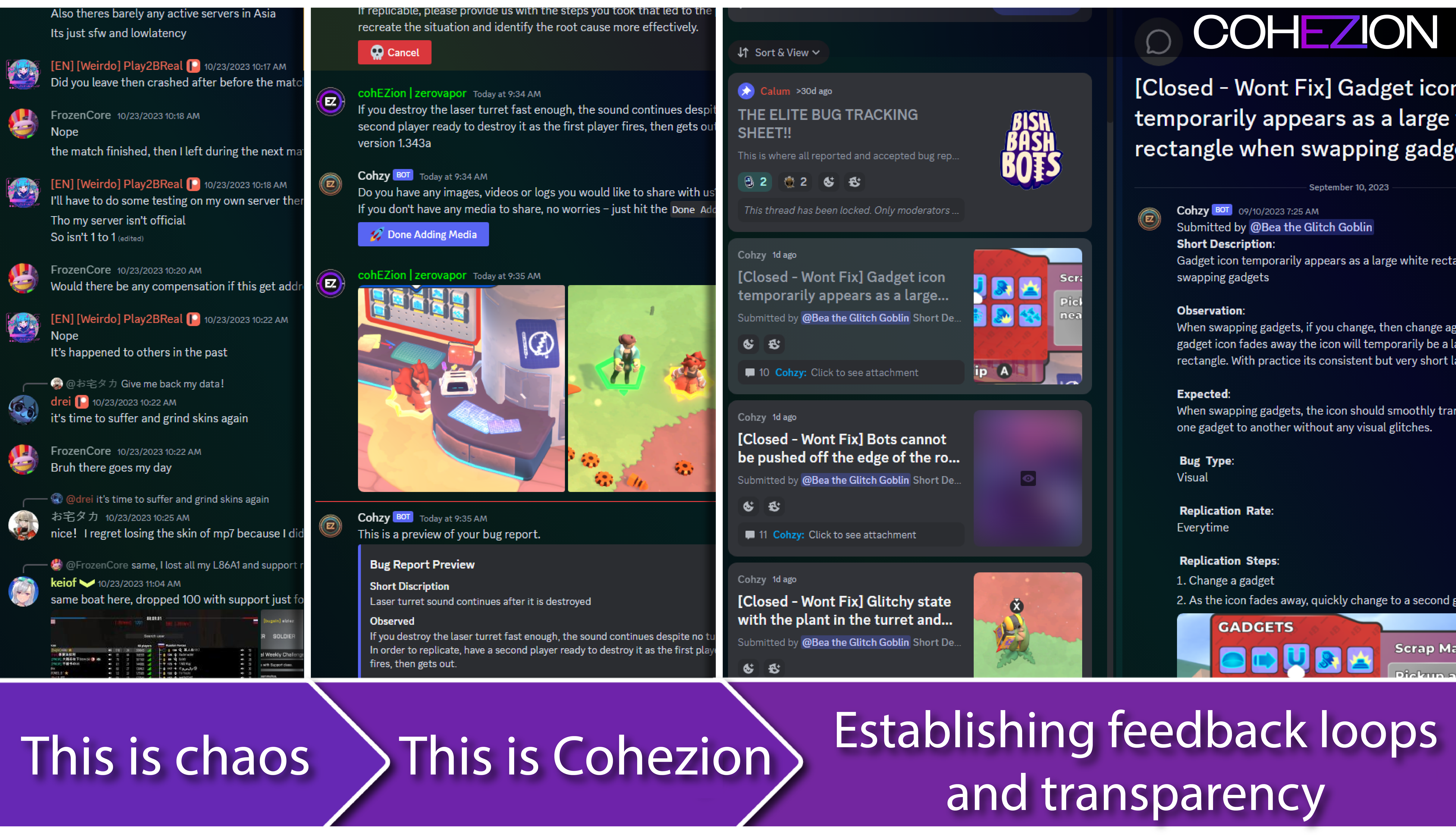 A promotional image showing the differences between using and not using Cohezion.ai. One is a mess of text channels while the other is utilizing Apps and Forum Channels.